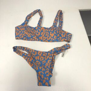Shein 🧡Bikini Set Womens Medium Blue Orange Leopard Print Cheeky Ruffle High Cut